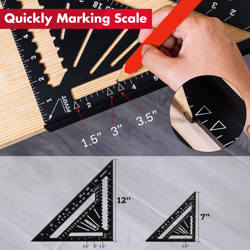 Arrow Aluminum Alloy Rafter Square Set, 7-Inch & 12-Inch Carpenter Square Layout Tools, Woodworking Triangle Rulers for Carpentry and Craftsmen 7 inch & 12 inch