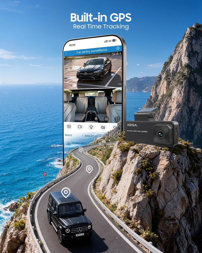 XEGA 4G Dual Dash Cam with Live View OBD Powered Anti Vandalism Car Camera | 2K HD, 24/7 Sentry Mode, APP Alert, GPS Tracking, No WiFi No Screen, Non-replaceable Built-in SIM Card, Only Works in the US