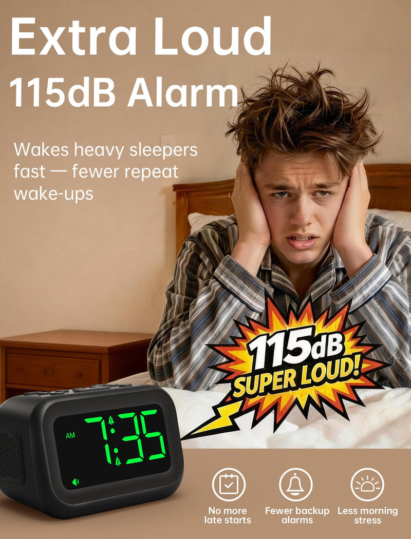 Extra Loud Alarm Clock: 115dB Dual Alarms and 6 Unique Alarm Sounds for Heavy Sleepers - Adult Students for Bedroom On-Time Wake-Ups - Green Digits Black - Green Digits