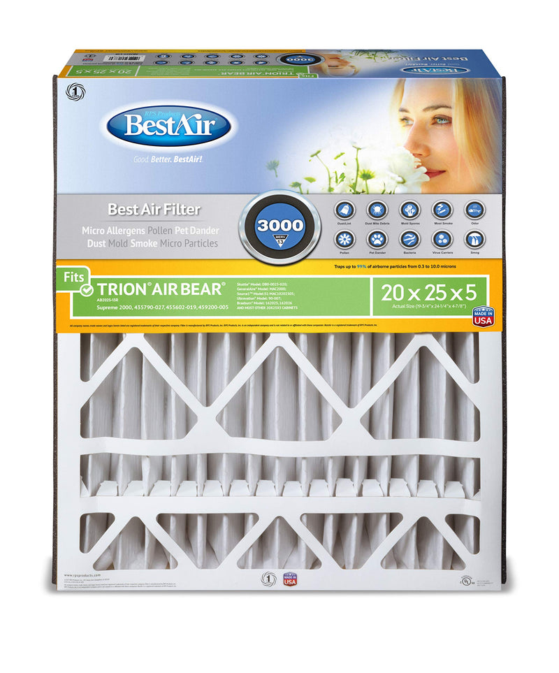 BestAir AB2025-13R AC Furnace Air Filter, 20" x 25" x 5", MERV 13, Fits 100%, For Trion Air Bear, Supreme, Skuttle, GeneralAire, Source1, Ultravation & Braeburn Models, Pack of 1 20Inch x 25Inch x 5Inch