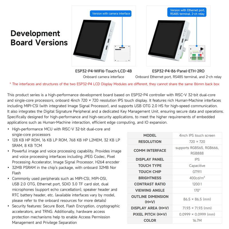 Waveshare ESP32-P4 Smart 86 Box with Expandable Ethernet, RS485, and Relay Support, Featuring Dual-Core and Single-Core RISC-V Architecture, Onboard 4-Inch 720×720 Pixel 5-Point Touch LCD