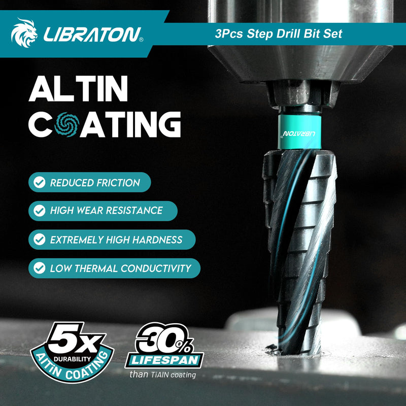 LIBRATON Four Spiral Flute Step Drill Bit, M35 Cobalt Unibit Step Drill Bit Set 1/8"-7/8", AlTiN Coated Step Bits, Four Spiral Flute, 1/4" Hex Shank for Metal, Stainless Steel, Aluminum, Plastic, 3PCS 1/8" - 7/8" (3pcs Set)