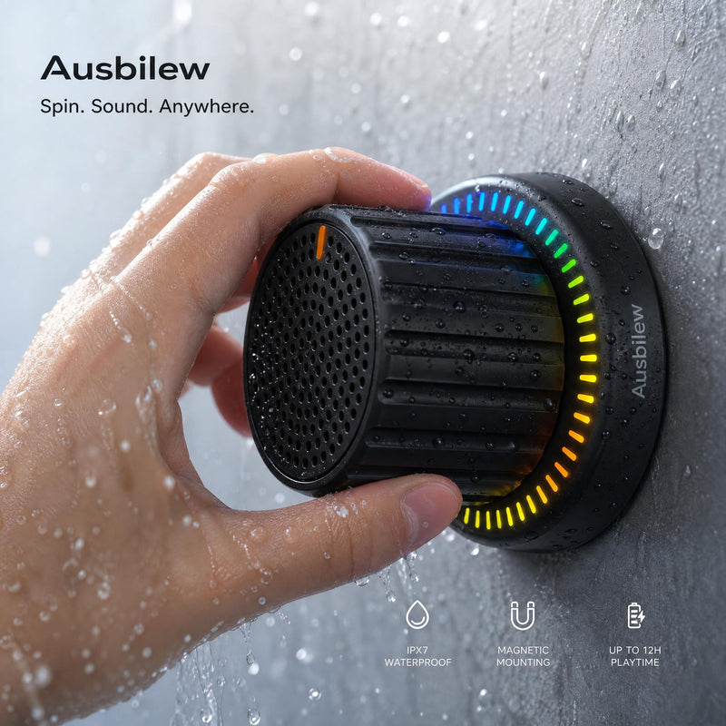 Magnetic Shower Speaker with Smart Rotary Knob Control, Bluetooth 5.3 Waterproof Speaker with Suction Cup & Magnetic Mount, IPX7 Portable Speaker, RGB Lights, Deep Bass for Bathroom, Pool, Kitchen black out
