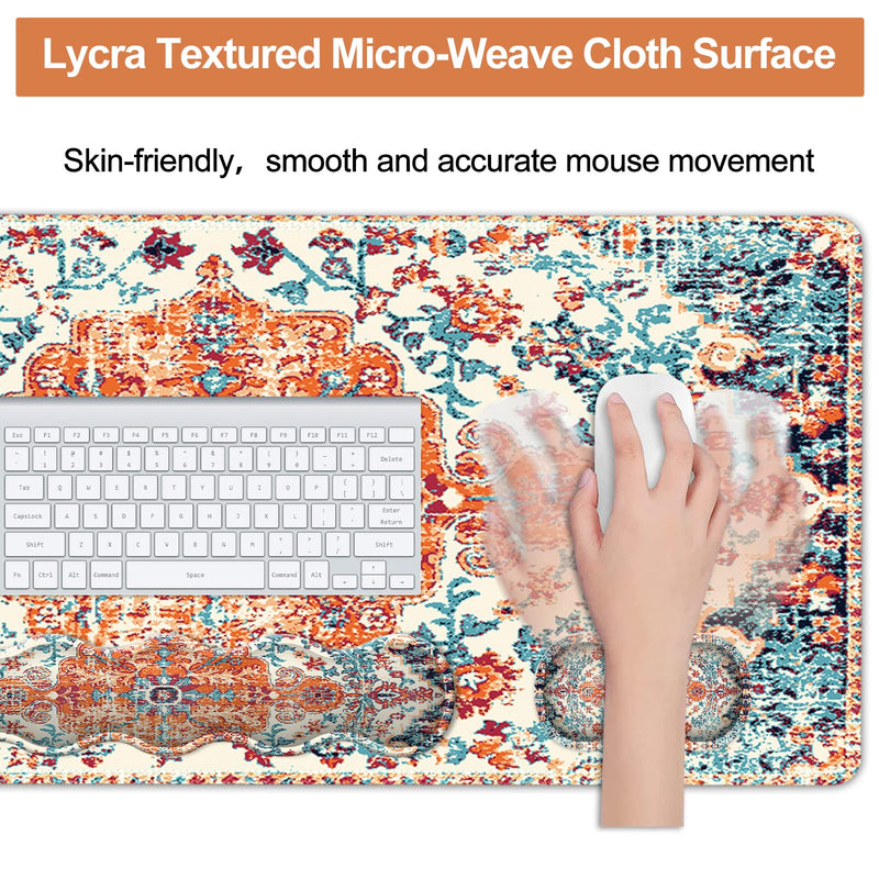 iLeadon Keyboard Mouse Pad Set, Large Gaming Mouse Pad + Wrist Rest + Mouse Pad with Wrist Support + Coaster, Easy Typing Pain Relief, 35.4x15.7in Desk Mat for Home Office, Boho Boho Orange