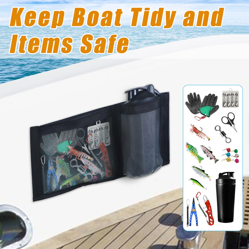 2 Pcs Boat Storage Mesh Bag with Cup Holder, 15.6"x 7.9" Self-Adhesive Boat Organizer Caddy for Marine Cabin Deck, Boat Storage Accessories with Strong Adhesive Backing, Keep Items Secure and Tidy ﻿
