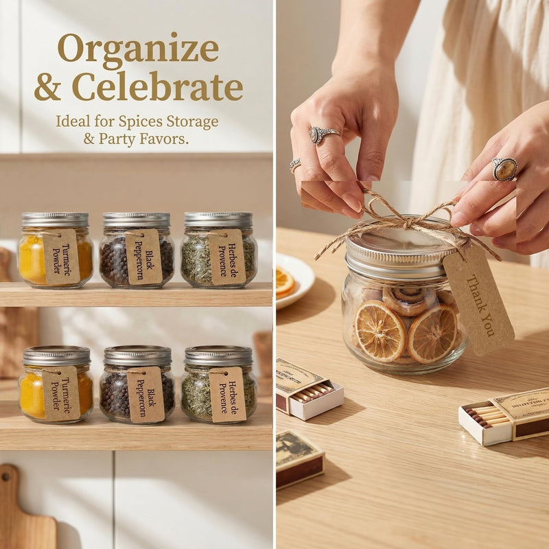 8 oz Mason Jars with Airtight Silver Lids - 30 Pack Small Glass Jars Set with Labels, Twine & Mesh Bags - Wide Mouth Canning Jars for Party Favors, Baby Shower, Wedding & Bulk Crafts 8oz-30pack