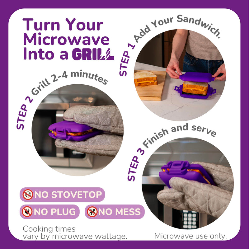 Classic Microwave Sandwich Maker, Microwave Grill, Toaster, 3 Minute Grilled Cheese Sandwich Maker, Thick Silicone Cover, Safe Food Grade, Panini Press, Dishwasher Safe (Purple, Regular) Purple