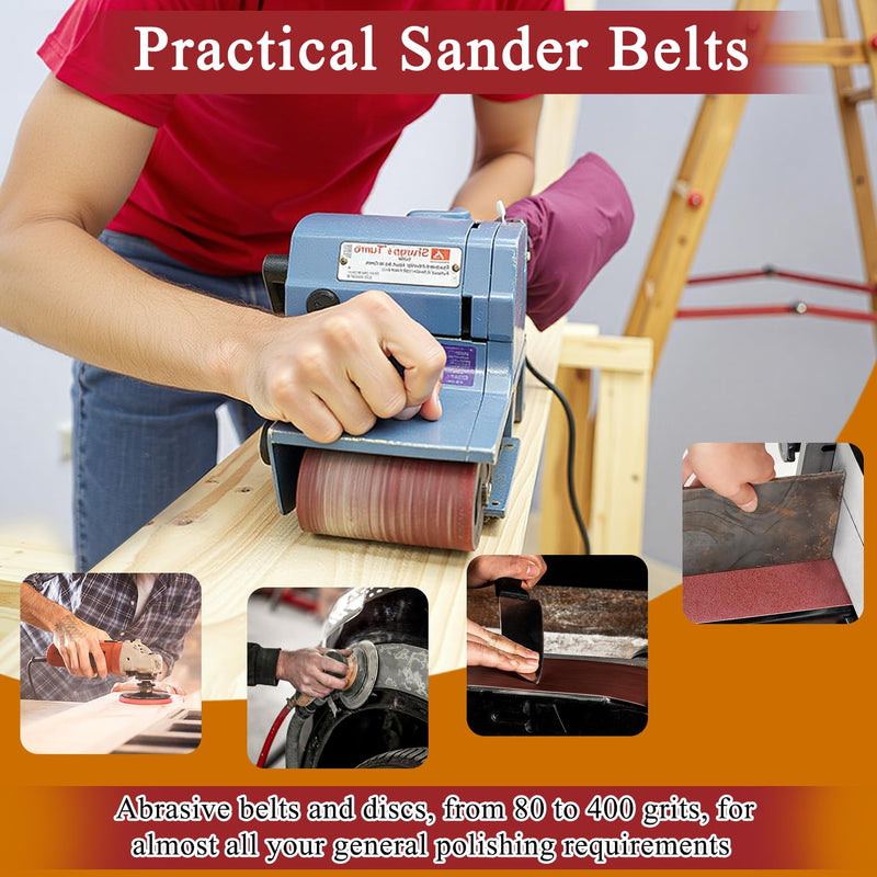 ONLYFU 55PCS 4 x 36 Inch Alumina Sanding Belts (80/120/150/240/400 Grits) with 6 Grits 6-Inch Self Stick No Hole Sanding Disc for Aluminum Oxide Sanders, Sandpaper for Wood Metal Stainless Steel 55