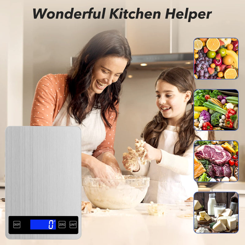 33lb Food Kitchen Digital Scale,1g/0.05oz Precise Graduation, USB Charging Kitchen Scale, Waterproof Stainless Steel with LCD Display, Ounces and Grams for Weight Loss, Cooking, Baking (Silvery) silvery