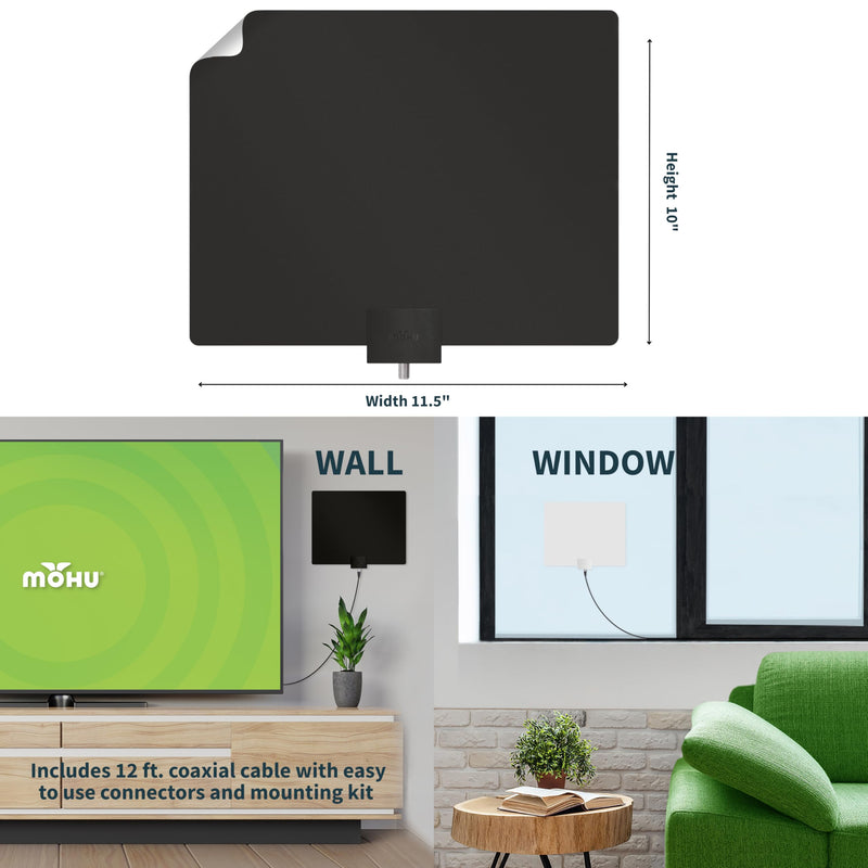 Mohu Leaf Plus Paper-Thin Indoor TV Antenna, Amplified, UHF VHF, 60-Mile Range, Multi-Directional, 4K 8K UHD, NEXTGEN TV - w/ 12 ft. Cable