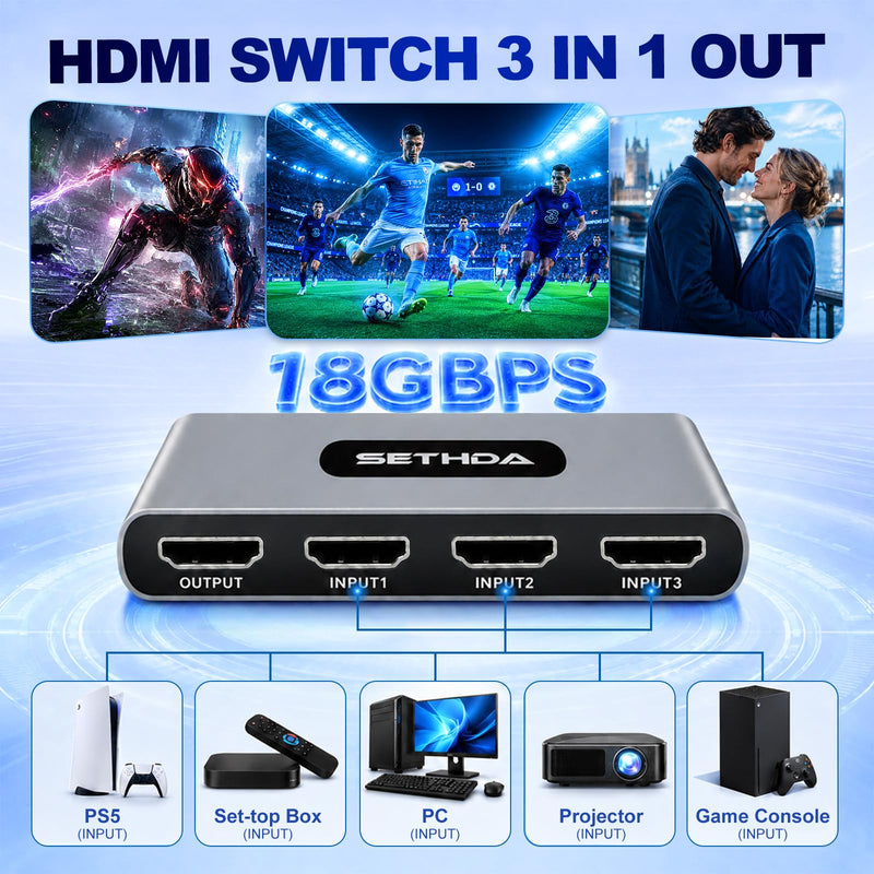 HDMI Switch 3 in 1 Out 4K@60Hz, HDMI Splitter Switcher with Remote& Charger | Low-Latency VRR, Aluminum HDMI Box Hub Supports Dolby, 3D, HDR, HDCP 2.2 CEC, Compatible with PS5, Xbox, Switch, TV,Projector