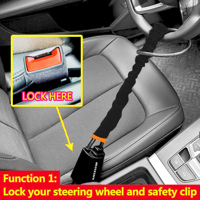 KAYCENTOP Car Steering Wheel Lock, Seat Belt Lock, Anti-Theft Device, Max 17 Inch Length, Small and Light-Weight, Multi-Functional, Fit Most Vehicle, SUV, Golf Cart Security (Black) Black