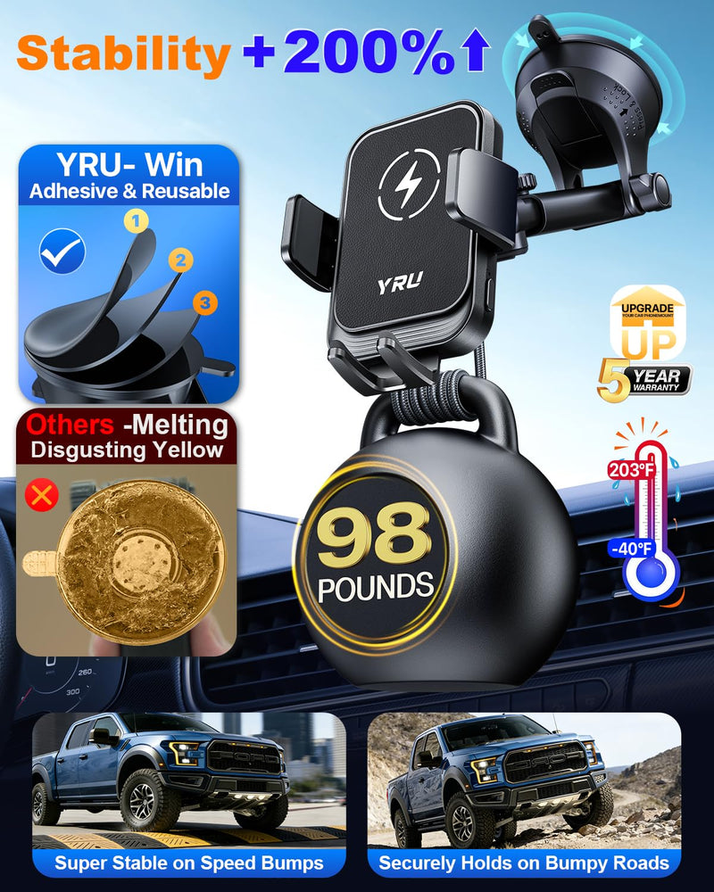 YRU [True Military-Grade Wireless Car Charger Mount, 15W Charging Auto Clamping Car Phone Holder [98+LBS Strong] Dashboard Windshield Vent Cellphone Holder for iPhone 17 16 15 Pro Max, Space Black