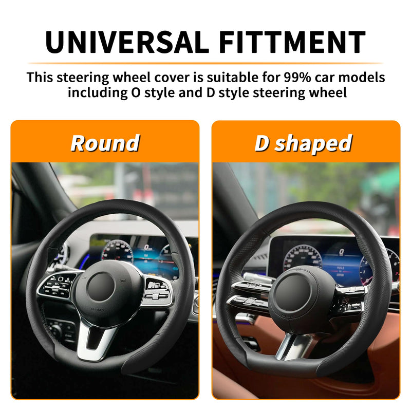 Nappa Leather Steering Wheel Cover, Universal 15 Inch Snap On Car Steering Wheel Cover for Men/Women, Comfortable & Breathable Microfiber Car Accessories Interior (Black) Black