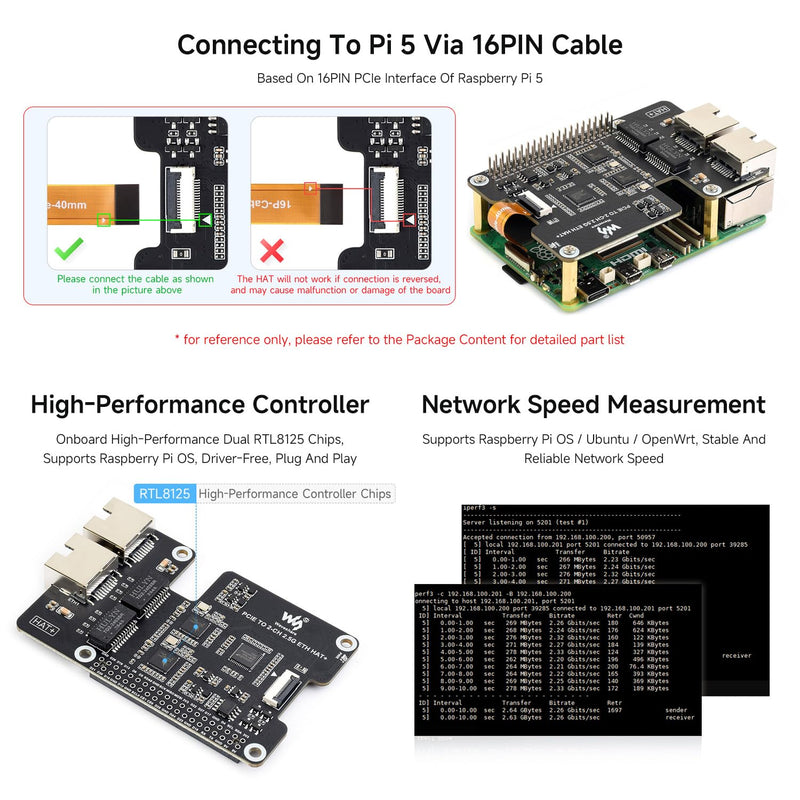 Waveshare PCIe to 2-CH 2.5G ETH, Equipped with Dual RTL8125, Driver Free | Designed for Raspberry Pi 5, plug and play,supports Raspberry Pi OS/Ubuntu/OpenWrt,Dual 2.5G RJ45 ports, PCIe x1 Gen2