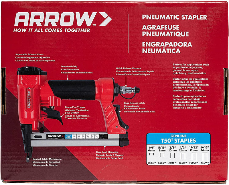 Arrow PT50 Oil-Free Pneumatic Staple Gun, Professional Heavy-Duty Stapler for Wood, Upholstery, Carpet, Wire Fencing, Fits 1/4”, 5/16”, 3/8", 1/2", 9/16” Staples , Red 1 Unit