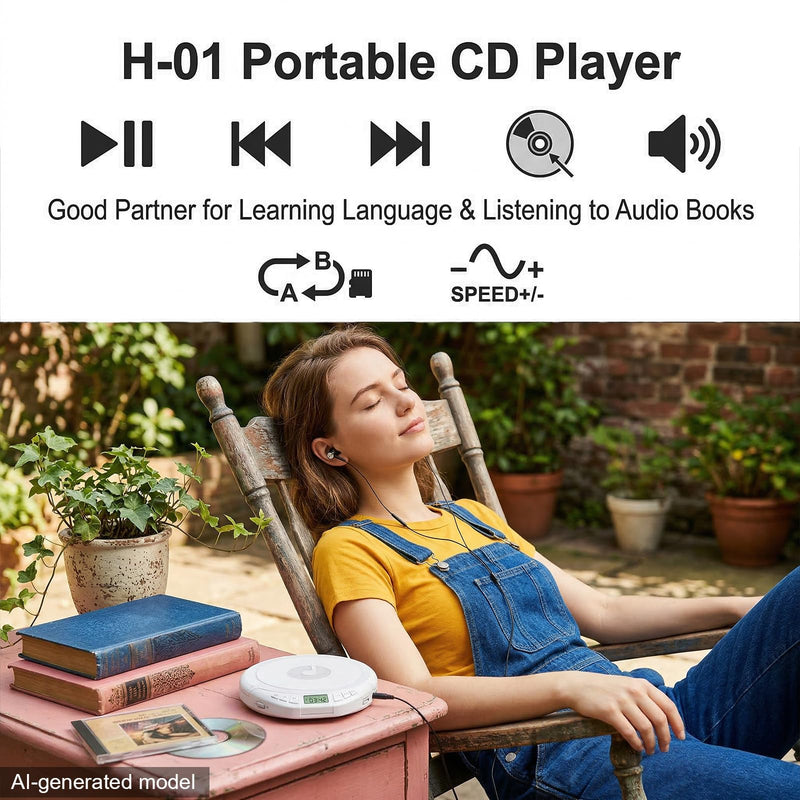 H-01 Portable CD Player with Earphones,Personal CD Discman Player for Home Car with Anti-Skip Shockproof Protection, Small CD Player with LCD Display for Music Lovers