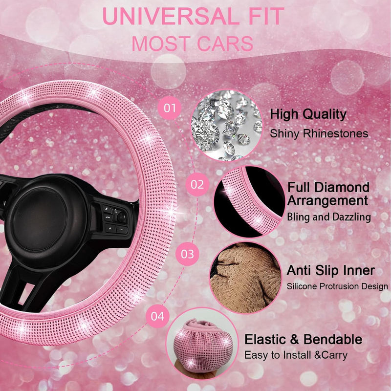 NBTEPEM 30 Pcs Pink Bling Car Accessories Set for Women, Pink Steering Wheel Cover Set, Bling Console Cover, Seat Belt Cushion, Shift Knob Cushion, Cup Coaster, Rhinestone Car Hanging Accessories Pink Diamond