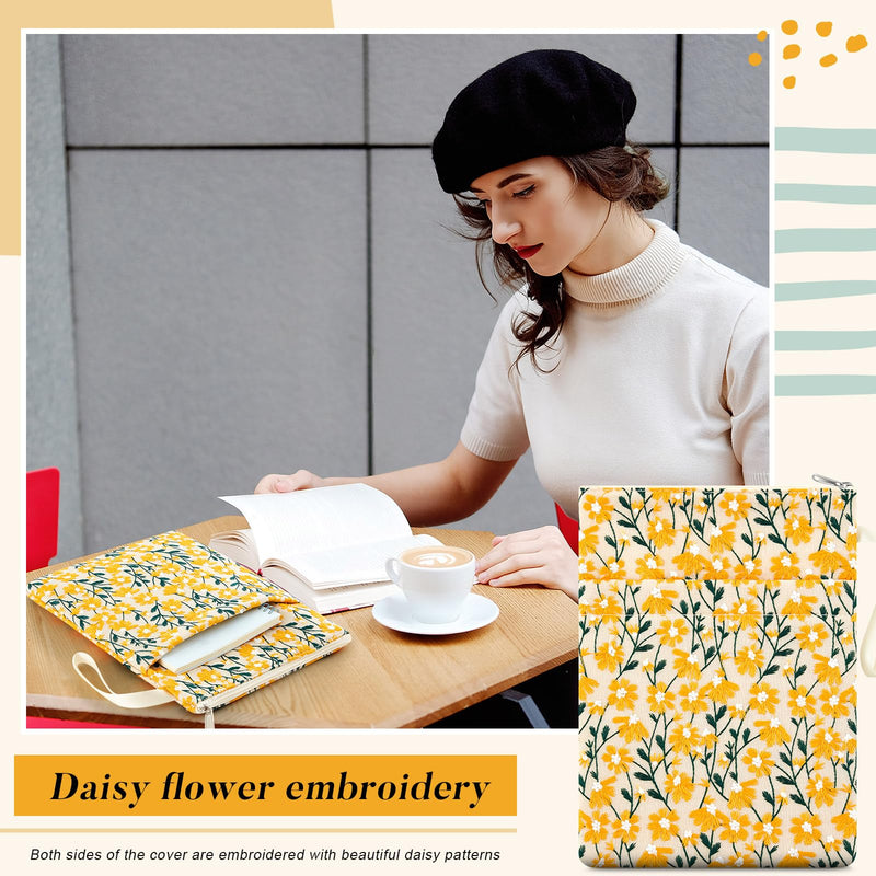 2 Pcs 12''x9'' Embroidered Daisy Book Sleeve with Handle Zipper for Women Washable Fabric Flower Book Sleeve Pouch for Paperbacks Hardcover, Christmas Gift for Reader Teacher