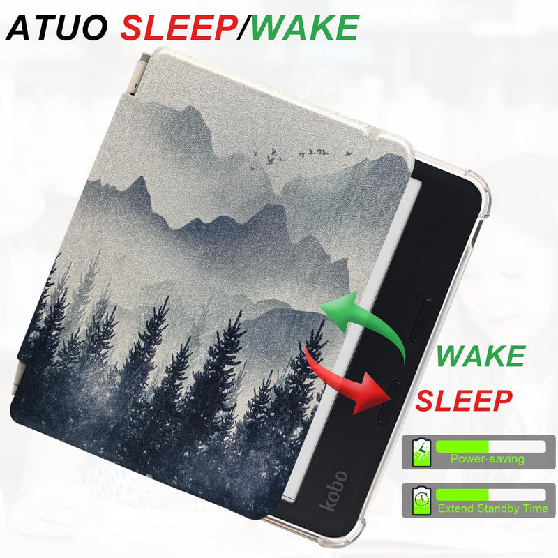 Folio Leather Case for 7" Kobo Libra Colour (2024) eReader - Ultra-Thin Enhanced Auto Sleep/Wake Cover with Transparent TPU Back, Magnetic Closure, Stylus Holder (Misty Forest) Misty Forest