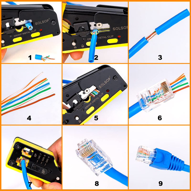 Solsop Pass Through RJ45 Crimp Tool Kit All-in-One Ethernet Crimper Cat7 Cat6 Cat5 Crimping Tool with Network Cable Tester, 50-Pack Cat6 RJ45 Pass Through Connector, 50-Pack Connector Boots RJ45 Crimper Set Yellow-A