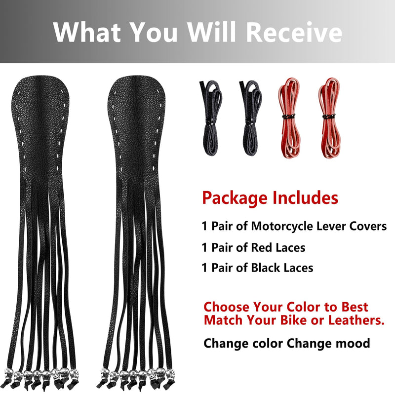 2 PCS Faux Leather Motorcycle Lever Covers with Fringes, Motorcycle Brake Clutch Lever Covers Grip Tassels Motorcycle Handlebar Handle Grip Covers, Fringed Leather Lever Covers Wraps with Skulls Black & Red Laces*1 & Black Laces*1