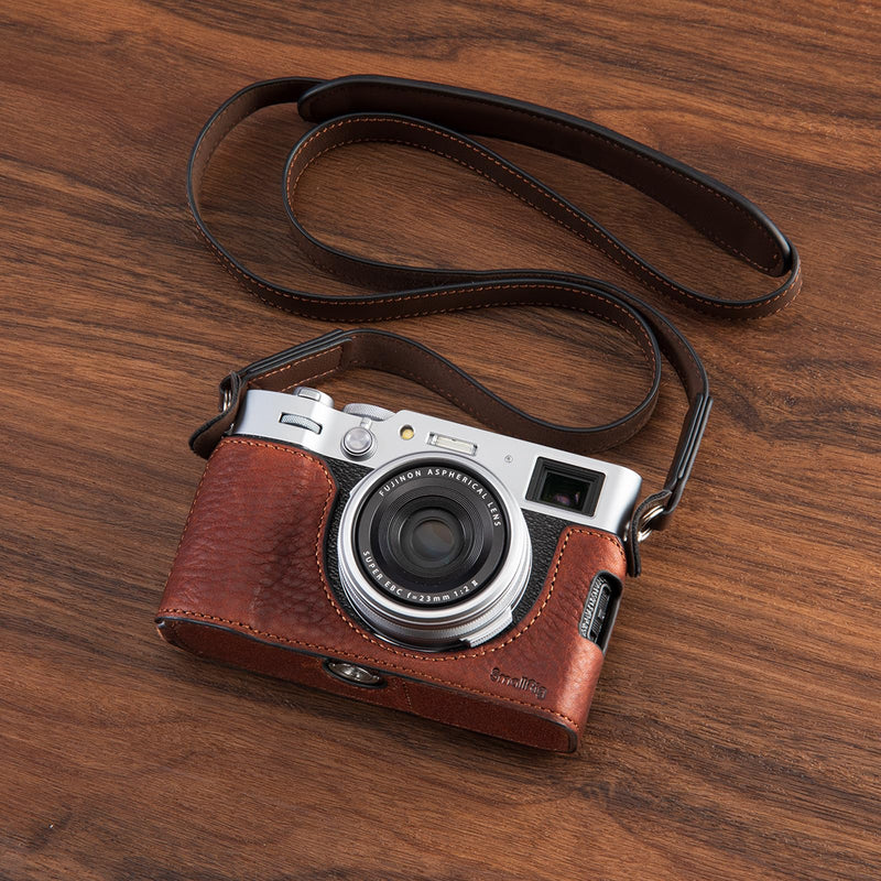 SMALLRIG Retro Half Leather Case for Fujifilm X100VI with Neck Strap, Brown | Genuine Leather Half Case with Aluminum Alloy Frame and Shoulder Strap