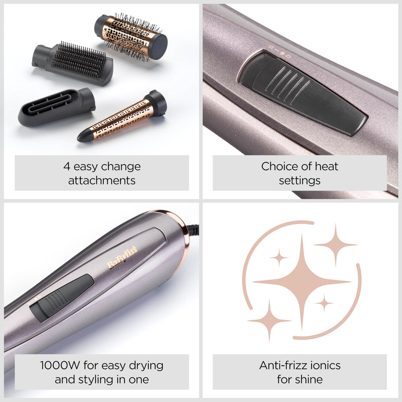 BaByliss Air Styler 1000W - All in One Hair Dryer Brush, Volumiser and Curler, Advanced Ionic Frizz-Control System, 4 Attachments, Copper/Grey, 2136U single