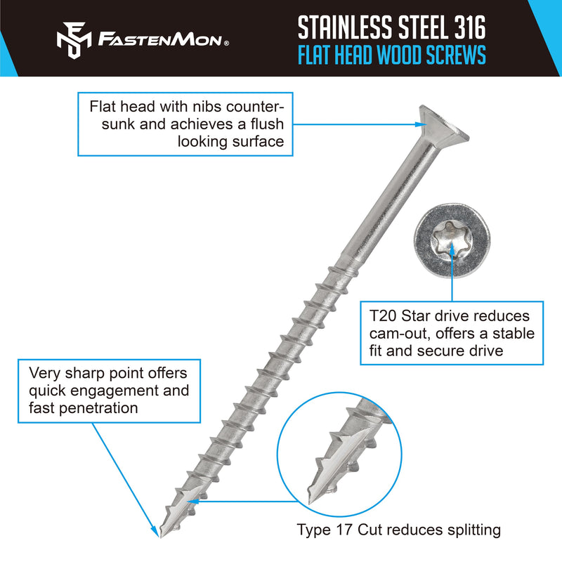 #8x1-5/8 Marine Grade 316 Stainless Steel Deck Screws, 150 PCS, Flat Head T20, Type 17 Point, Rust Resistant, Quick Drive, Strong Grip for Outdoor Wood Projects, Bit Included #8 x 1-5/8"