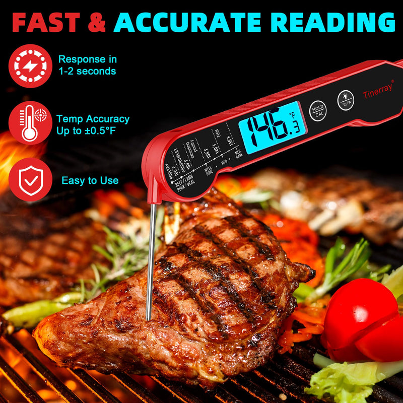  [AUSTRALIA] - Digital Meat Thermometer for Cooking – Waterproof Instant Read Food Thermometer with Backlight & Calibration, Fast Read, Folding Probe for BBQ, Grill, Candy, Deep Fry, Kitchen, Liquids, Beef（Red） Red
