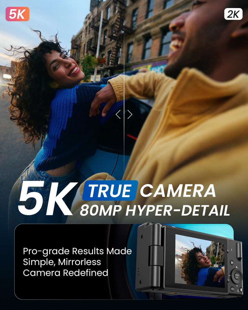True 5K Digital Camera for Photography, Autofocus 80MP with 18X Digital Zoom, 3" 270° Flip Screen Selfie Camera for YouTube Vlogging & Content Creation, 2 Batteries, 32GB Card & Flash，Black Black