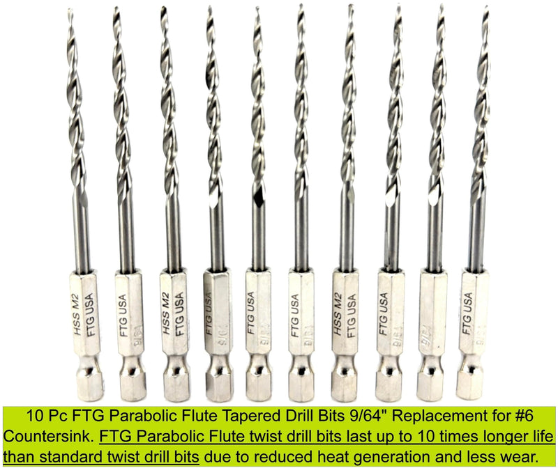 FTG USA 10 Pc #6 (9/64") Parabolic Flute Tapered Replacement Drill Bits, Case Same Sort 10 Pc