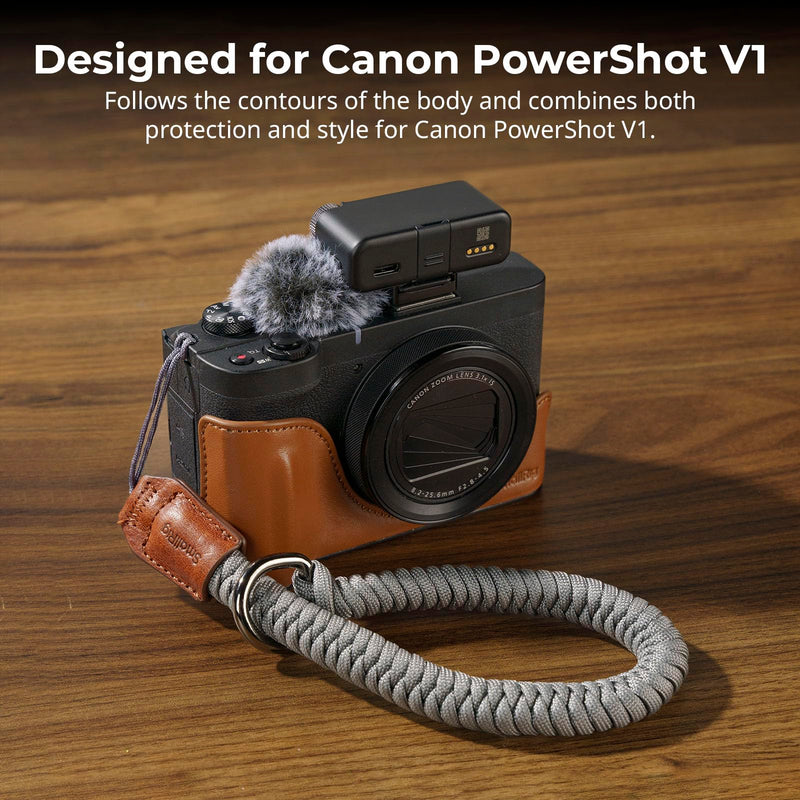 SMALLRIG PowerShot V1 Leather Case Kit for Canon, Including Half Leather Crate, Flip Case Cover, Wrist Strap & Furry Windscreen, Portable and Protecting (Brown) -5385 Brown