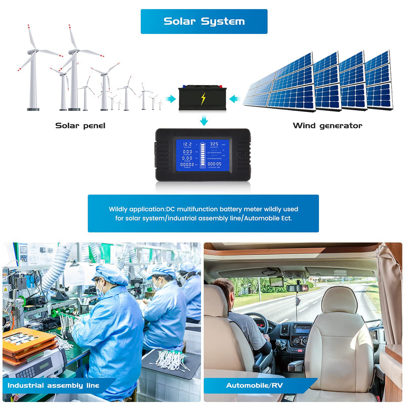 DC Multifunction Battery Monitor Meter with Shunt,0-200V,0-500A, LCD Display Digital Current Multimeter Voltmeter Ammeter for Cars RV Solar,Widely Applied to 12V/24V/48V RV/Car Battery…