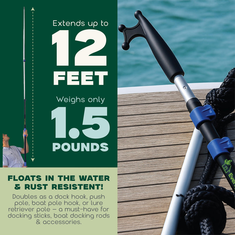 EVERSPROUT Telescoping Boat Hook | Floats, Scratch-Resistant, Sturdy Design | Durable & Lightweight, 3-Stage Anodized Aluminum Pole | Threaded End for Boating Accessories 12' Pole