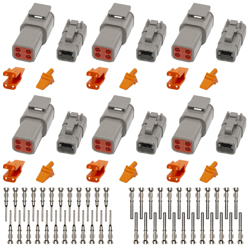 Deutsch DTM Grey 4 Pin Connectors 6 Sets, Waterproof Electrical Wire Connector with Stamped Contacts and Seal Plug for Truck, Off-Road Vehicles, Construction, Agriculture, Marine, Motorcycle Wiring 4Pin-6 Set