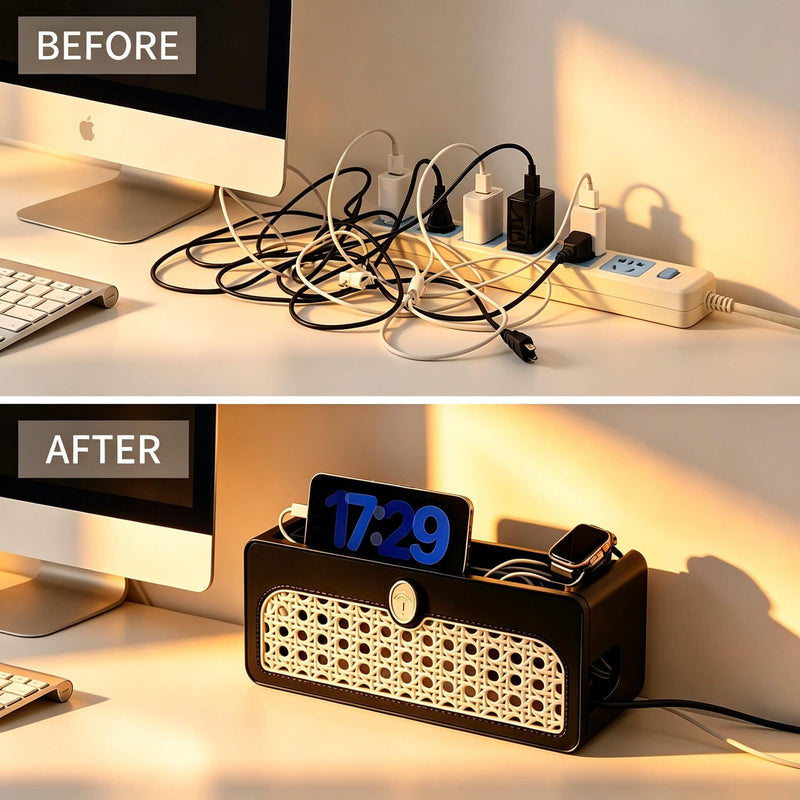 Faux Rattan Cable Management Box, Black | Decorative Power Strip Cover with Lid, Large Cord Organizer, For Surge Protector