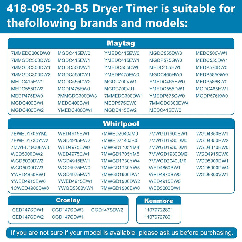 W10185982 WPW10185982 Dryer Timer Compatible with Whirlpool, Maytag, Amana, WED4815EW1, WGD4800XQ0, WED5100VQ1, 230V 60Hz Dryer Timer Replacement for 418-618-20-B5, PS11749831, 5-Year Warranty W10185982