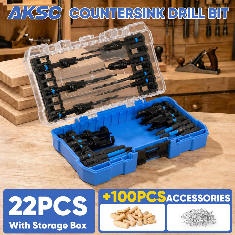 Countersink Drill Bit Set, 22PCS Counter Sink Drill Bit for Wood with 100PCS Accessories, Wood Plug Cutter, Adjustable Depth Stop Collar, Hex Shank M42 HSS Tapered Drill Bits for Woodworking 22 PCS