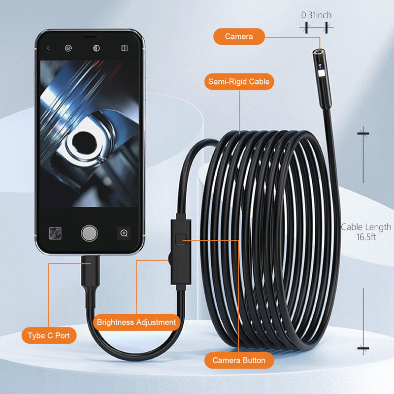 【Dual-Lens BORESCOPE Inspection Camera HD with Light】 Endoscope with Adjustable LED - Compatible with iPhone, Samsung, iPad, iOS & Android - 3.0MP HD, IP67 Waterproof, 16.5ft/5m