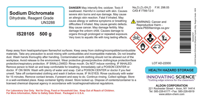 ALDON Innovating Science Sodium Dichromate Dihydrate Crystals, 500g - Reagent Grade - The Curated Chemical Collection