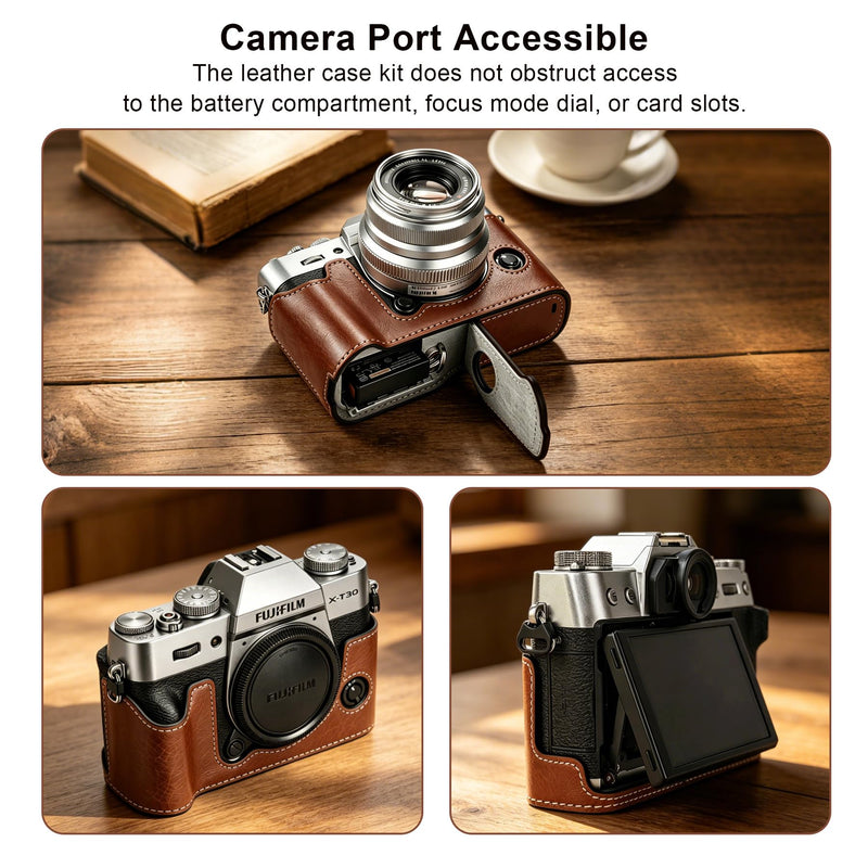 Carrying Case for FUJIFILM X-T30 III/X-T30 II/X-T30 Mirrorless Camera | Fujifilm X-T30 III/ X-T30 II Camera Half Leather Bag, Retro Style Camera Case (with Shoulder Strap, Screen Protector), Brown