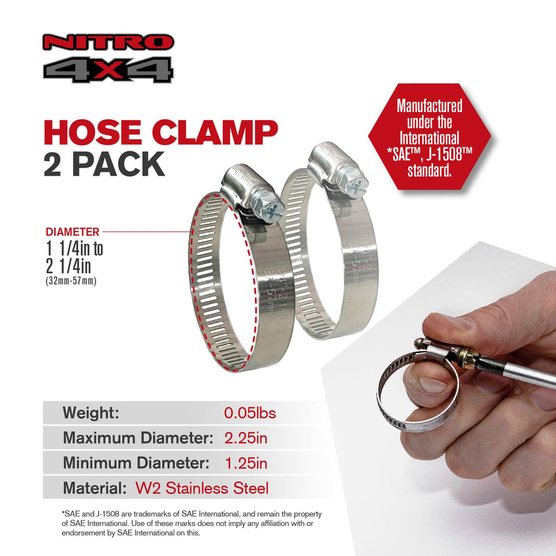 NITRO4X4 Stainless Steel Hose Clamps Set - 2 Adjustable Hose Clamp (1-1/4 to 2-1/4 Inch, 32-57mm) - Heavy Duty Radiator Hose Clamps for Fuel Line, Plumbing, Automotive, and Mechanical Applications