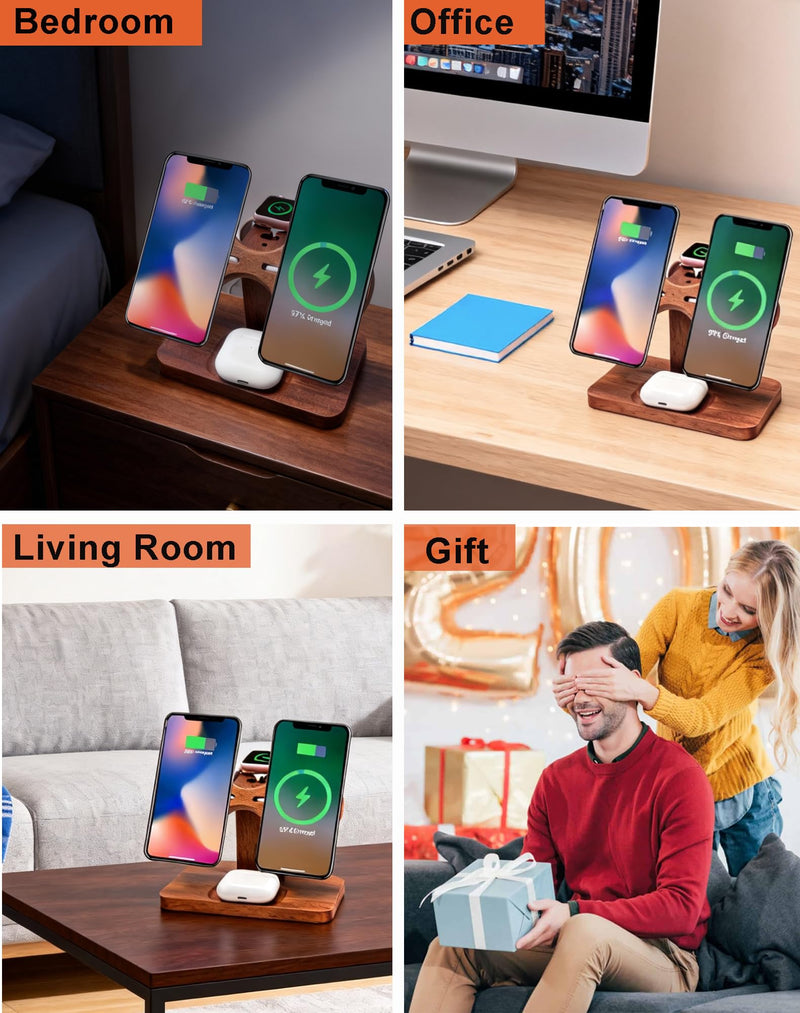 Compatible with Magsafe Dual Phone Charging Station for Apple Devices,Two Phone Wireless Charger for iPhone 17/16/15/14/13,AirPods & Apple Watch,Wood Charger Stand,Gift for Men Dad Boyfriend