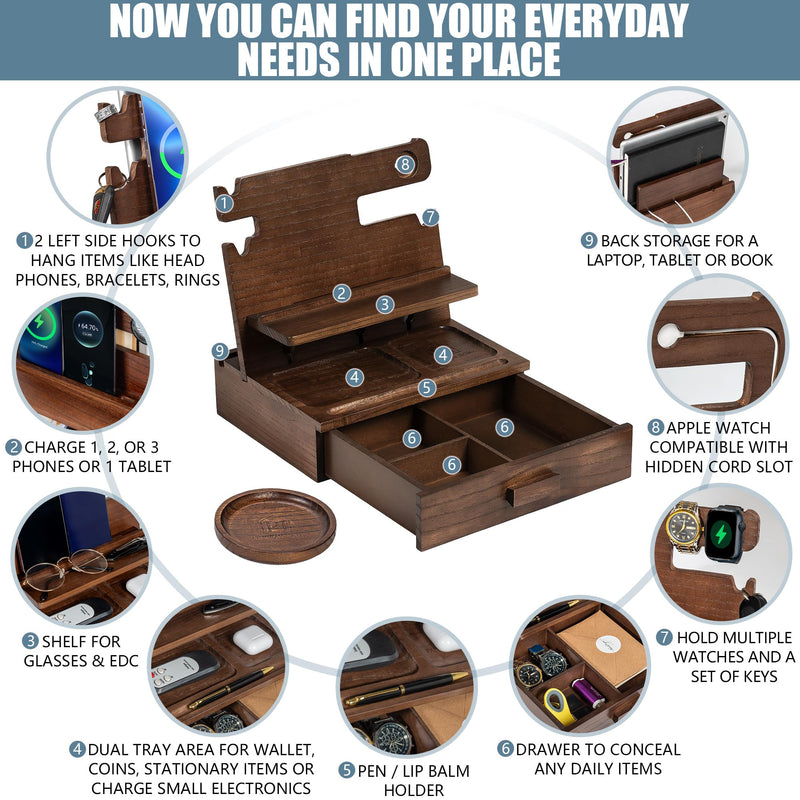 Wood Phone Docking Station for up to 3 Phones - Nightstand Organizer for Men & Women Holds Phones, Tablets, Keys, Rings, Glasses, Watches, EDC & More - with Special Drawer for Valuables Brown Ash Wood
