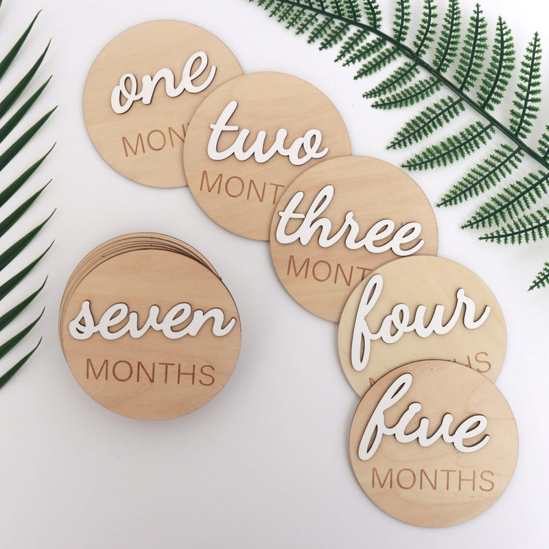 3D Wooden Monthly Milestone Cards, Baby Monthly Milestone Marker Cards, Newborn Memento Milestone to Document Baby's Growth, Pregnancy Journey Sign -incl Announcement & Hello World Sign.