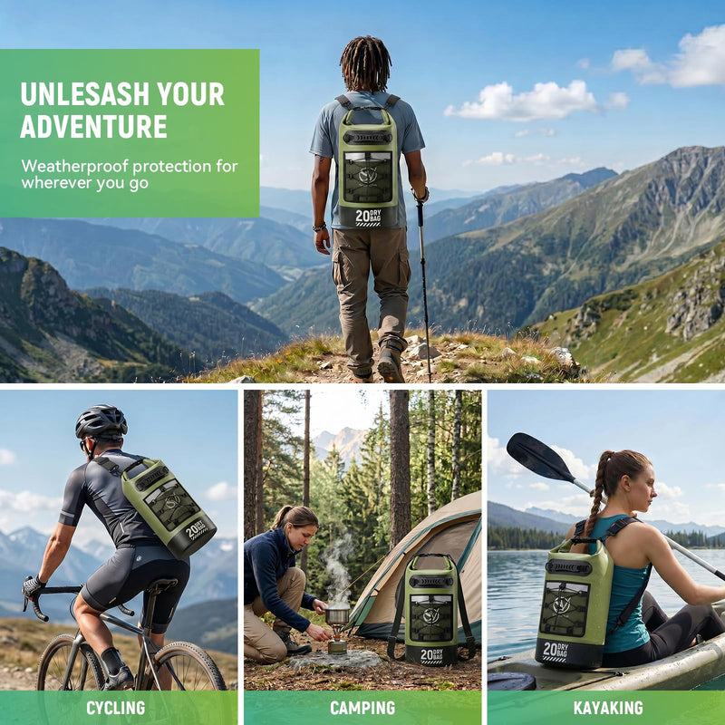 Waterproof Dry Bag - Waterproof Floating Backpack for Kayaking, 10L/20L/30L Waterproof Pouch for Beach,Travel, Swimming, Boating, Paddle Board, Rafting, Camping, Hiking Green 20L