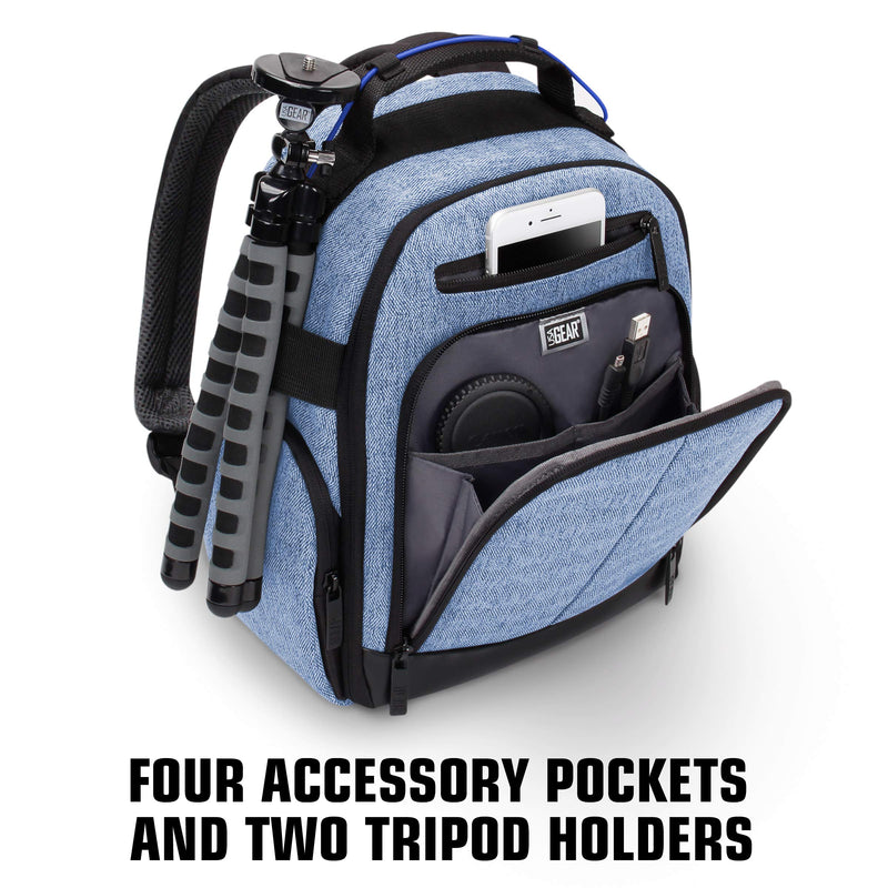 USA Gear Portable Camera Backpack for DSLR with Customizable Accessory Dividers, Weather Resistant Bottom and Comfortable Back Support - Compatible with Canon, Nikon, Sony, Fujifilm, and More (Blue) Compact Blue