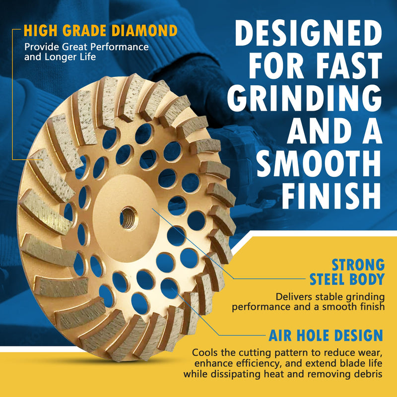 7" Diamond Grinding Wheels for Concrete or Masonry, 12 Turbo Segments, #30/40 Grit, Medium Bond, 5/8"-11 Arbor 7" - 12 Seg