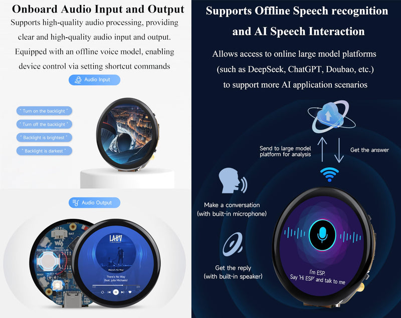 ESP32-S3 1.46inch Round Touch Display Development Board, 412x412 IPS LCD, Onboard Speaker and Microphone/Audio Input and Output, Supports Offline Speech Recognition and AI Speech Interaction